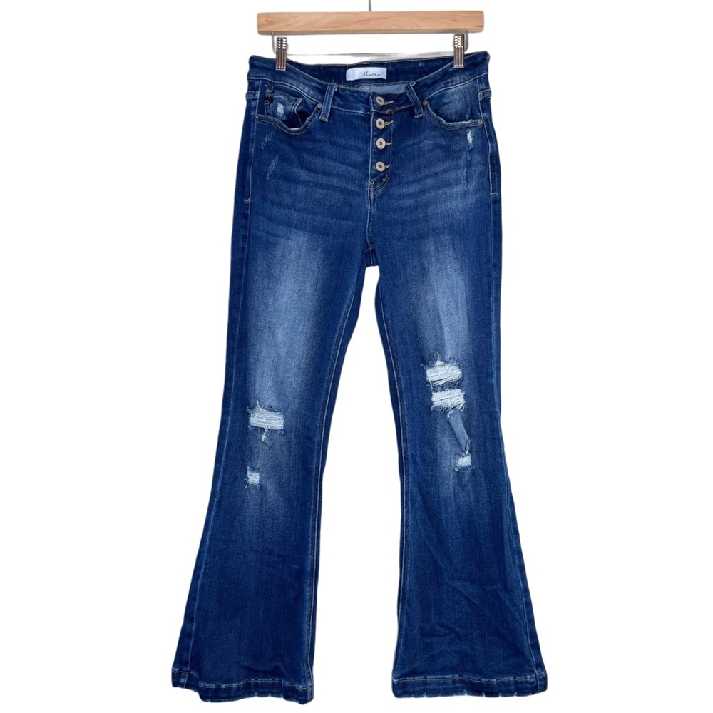 KanCan Dark Blue Flare Jeans with Ripped Details